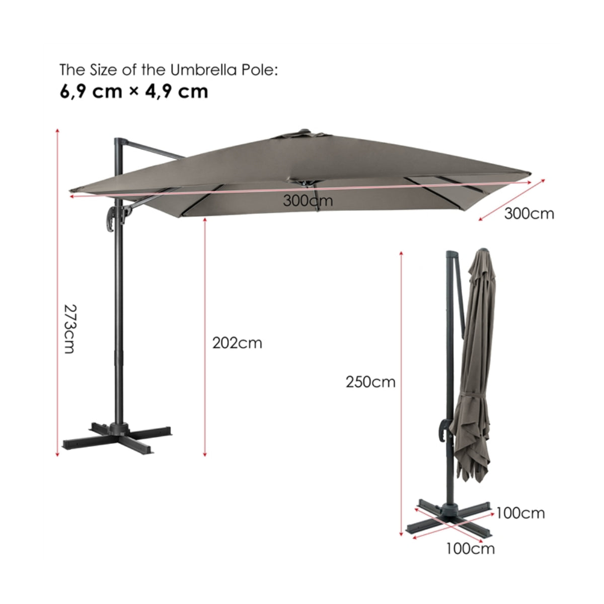 Livsk costway 300 x 300 cm parasol zweefparasol met zwengel tuinparasol kantelbaar 360 draaibaar grote terrasparasol marktparasol grijs