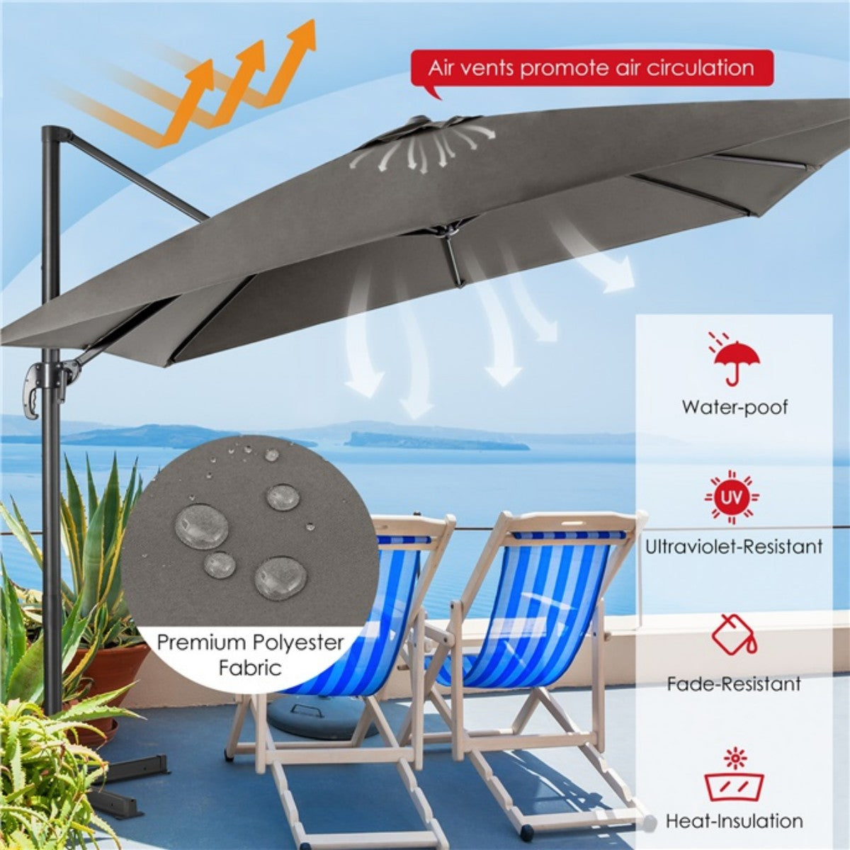 Livsk costway 300 x 300 cm parasol zweefparasol met zwengel tuinparasol kantelbaar 360 draaibaar grote terrasparasol marktparasol grijs