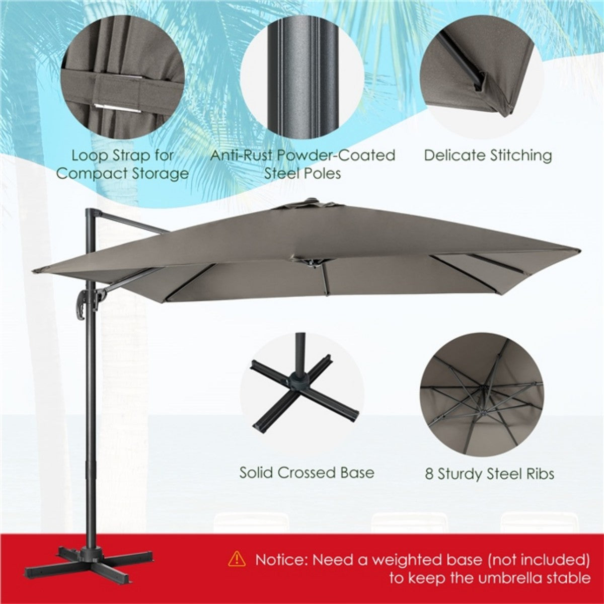Livsk costway 300 x 300 cm parasol zweefparasol met zwengel tuinparasol kantelbaar 360 draaibaar grote terrasparasol marktparasol grijs