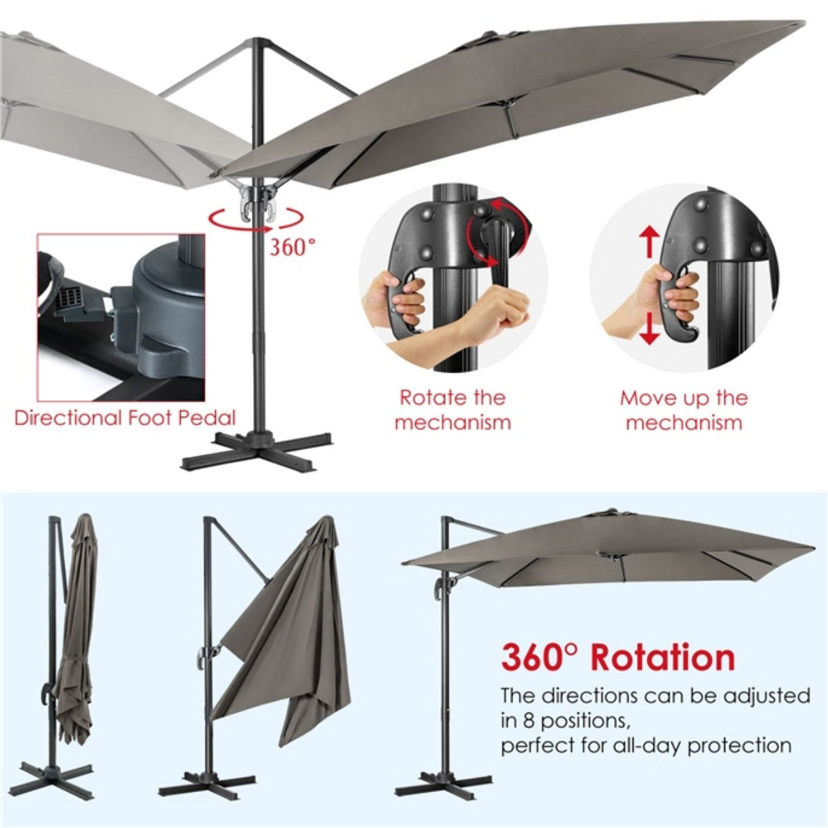 Livsk costway 300 x 300 cm parasol zweefparasol met zwengel tuinparasol kantelbaar 360 draaibaar grote terrasparasol marktparasol grijs