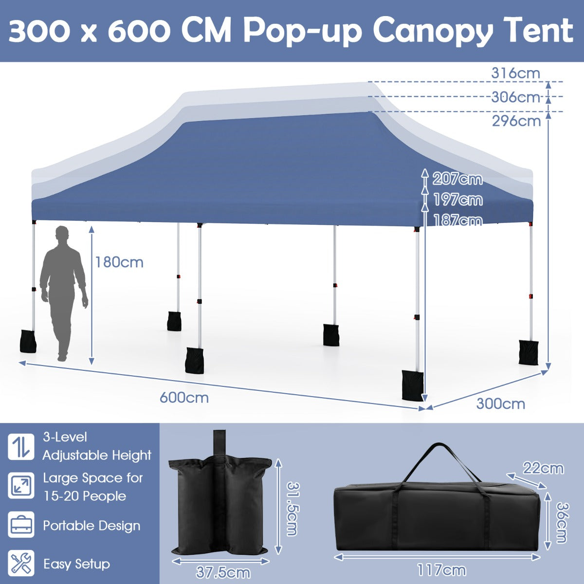 LIVSK Pop-up Paviljoen Tent - Ruimte voor 15-20 Personen - Waterdicht Oxford - Verstelbare Hoogte 296-316 cm - Blauw