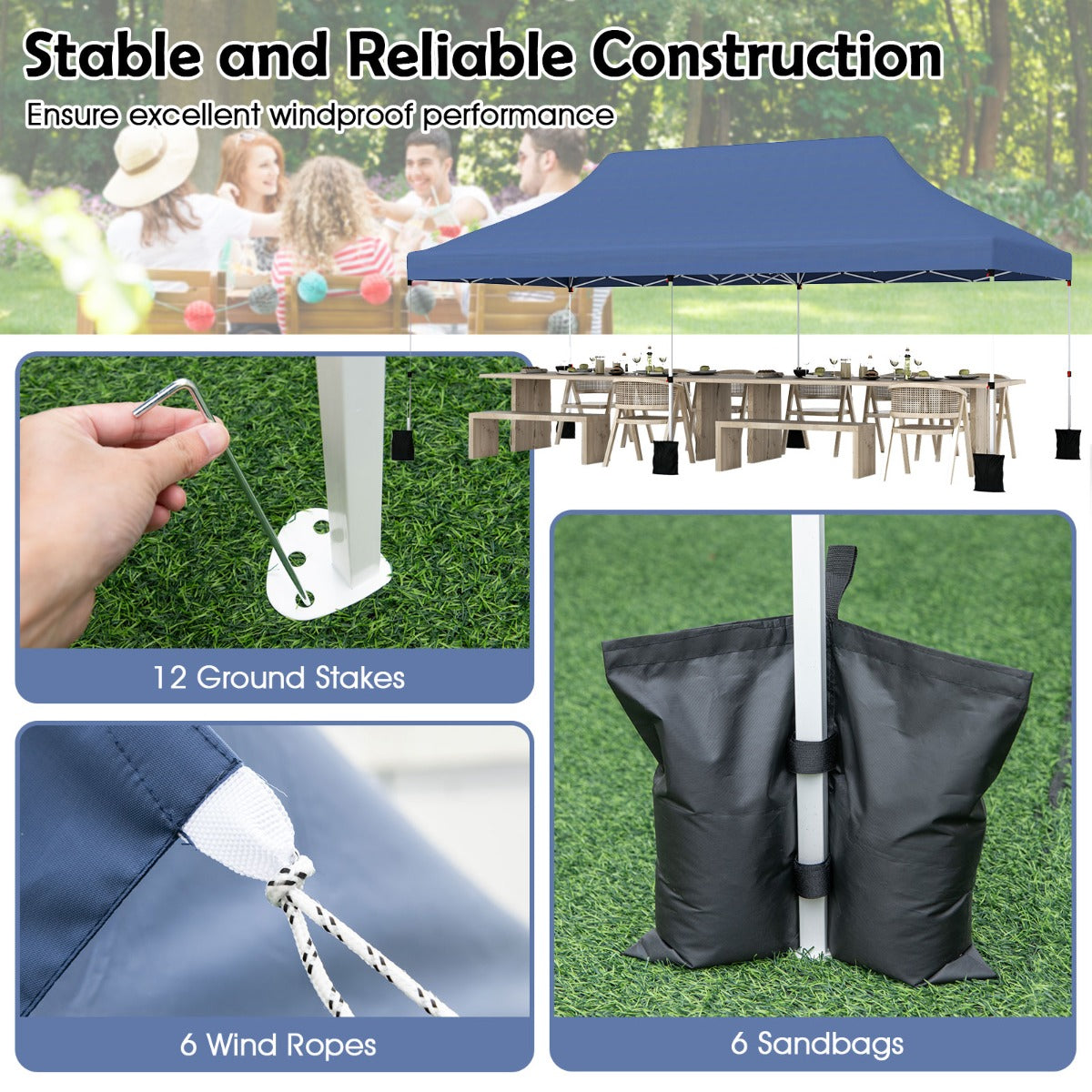 LIVSK Pop-up Paviljoen Tent - Ruimte voor 15-20 Personen - Waterdicht Oxford - Verstelbare Hoogte 296-316 cm - Blauw