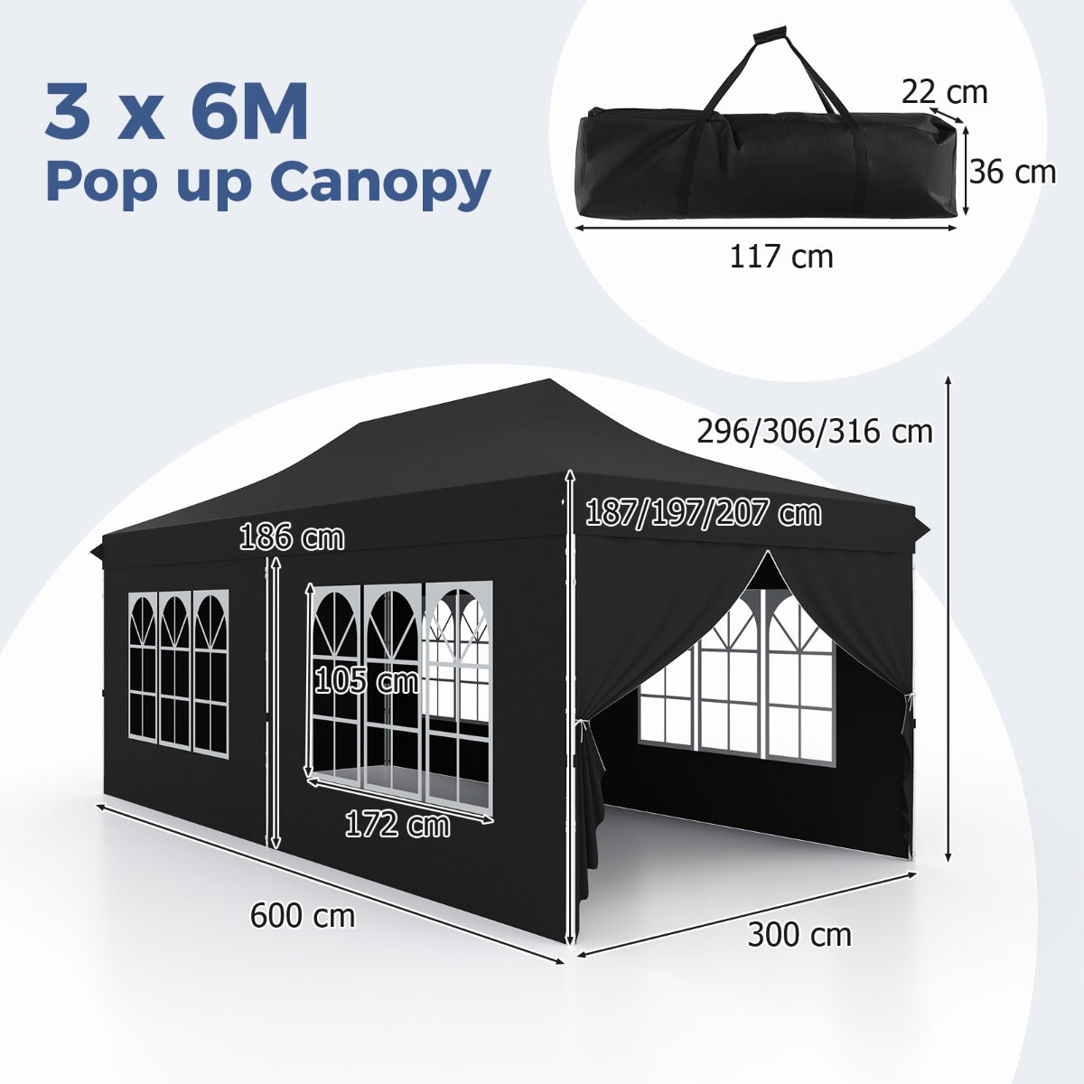 LIVSK Pop-up Partytent 600 x 300 x 296-316 cm - Afneembare Zijwanden - UPF 50+ Bescherming - Draagtas - Zwart