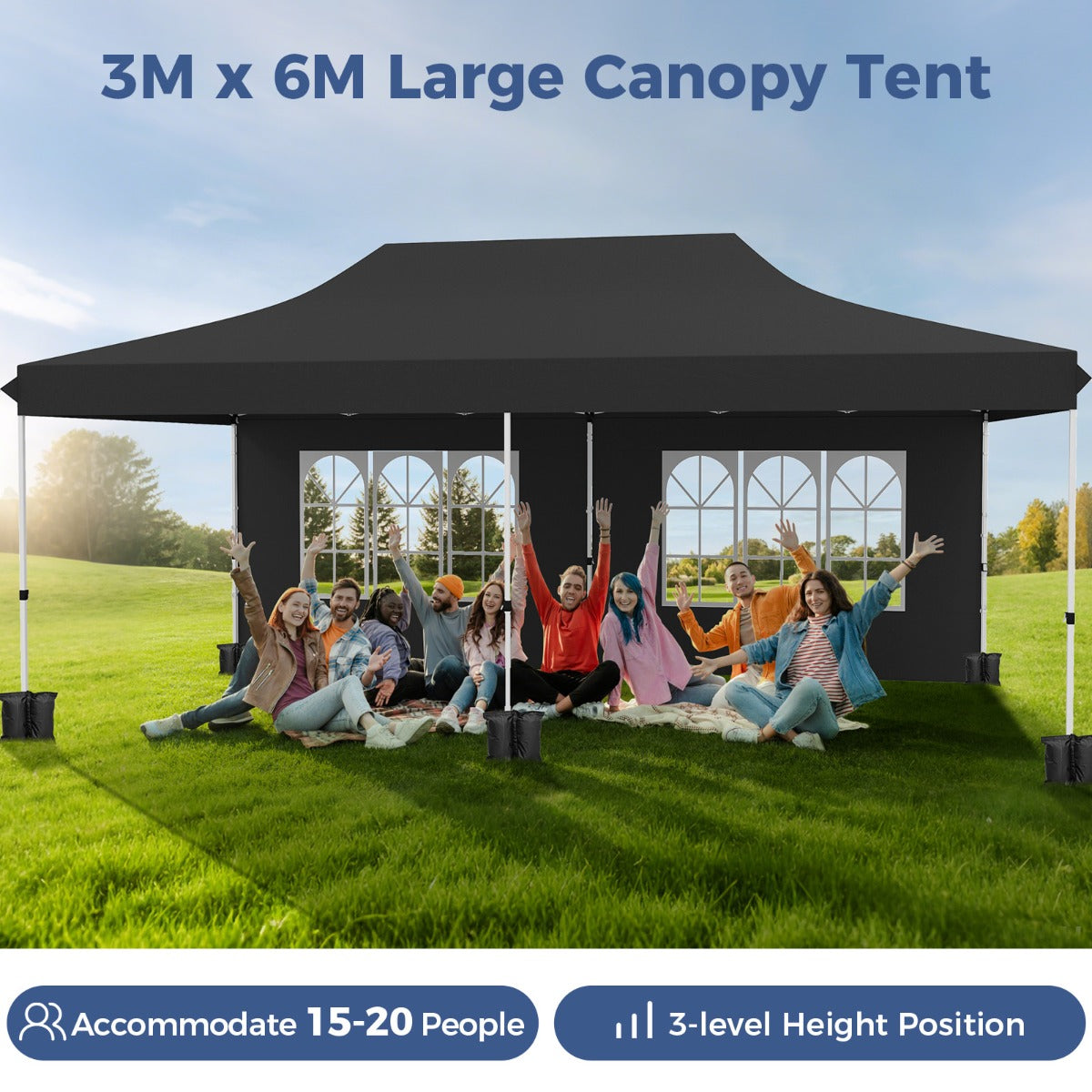 LIVSK Pop-up Partytent 600 x 300 x 296-316 cm - Afneembare Zijwanden - UPF 50+ Bescherming - Draagtas - Zwart