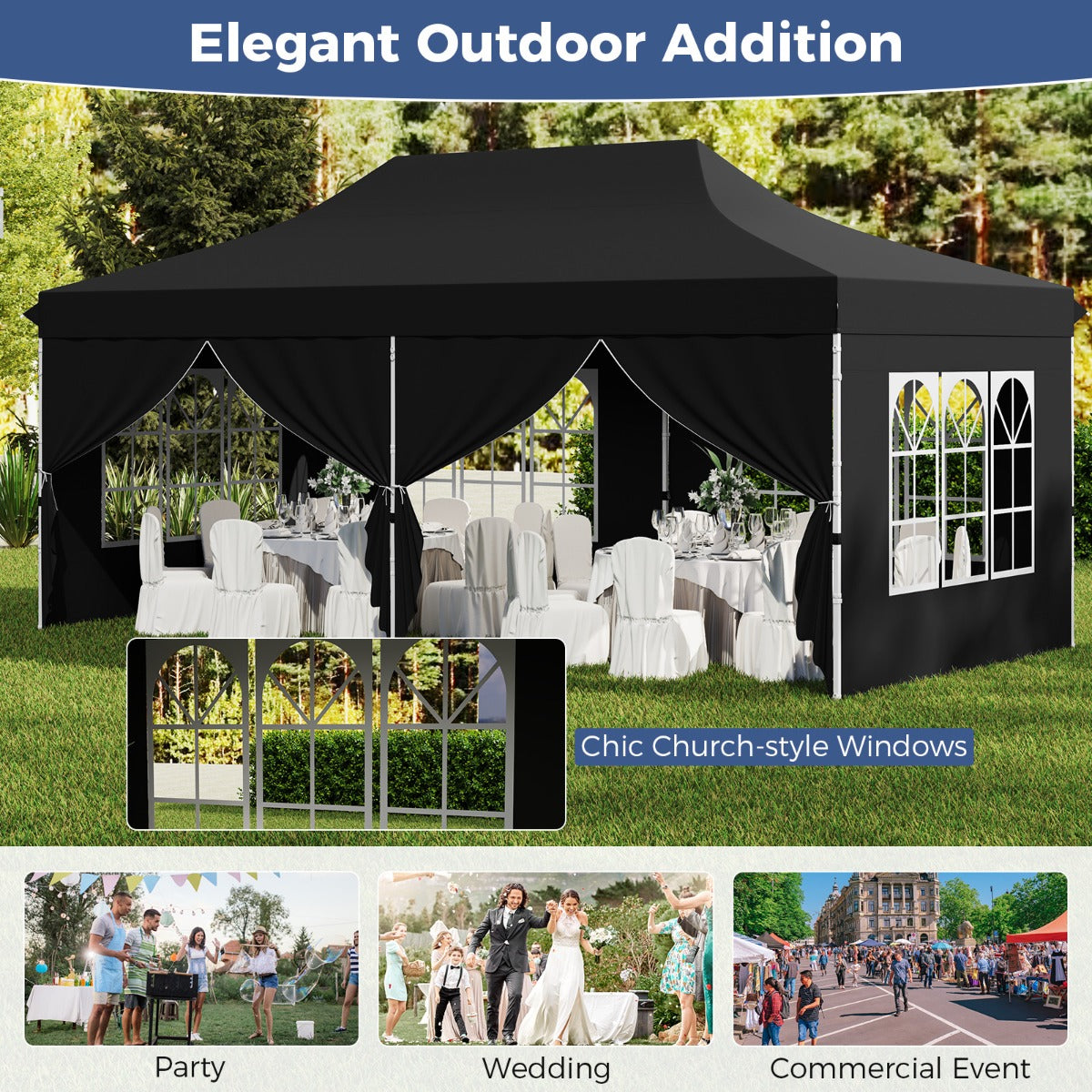 LIVSK Pop-up Partytent 600 x 300 x 296-316 cm - Afneembare Zijwanden - UPF 50+ Bescherming - Draagtas - Zwart