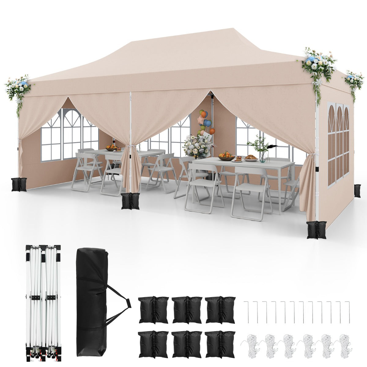 LIVSK Partytent met Afneembare Zijwanden - Pop-up Ontwerp - UV Bescherming - Tot 20 Personen - 600 x 300 x 296–316 cm - Beige
