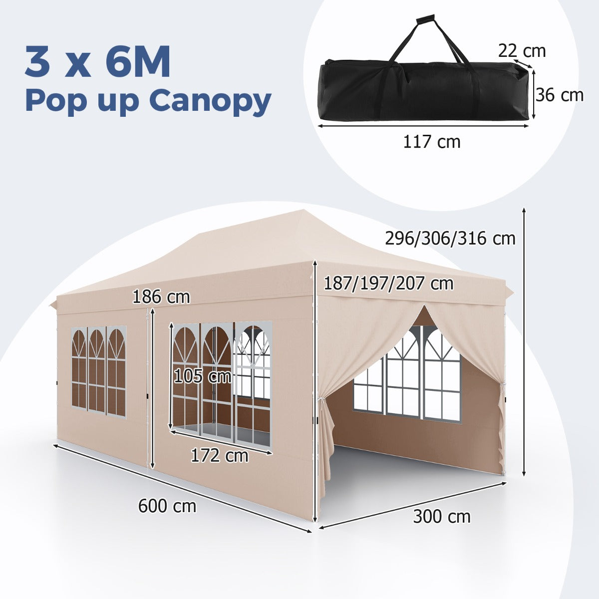 LIVSK Partytent met Afneembare Zijwanden - Pop-up Ontwerp - UV Bescherming - Tot 20 Personen - 600 x 300 x 296–316 cm - Beige