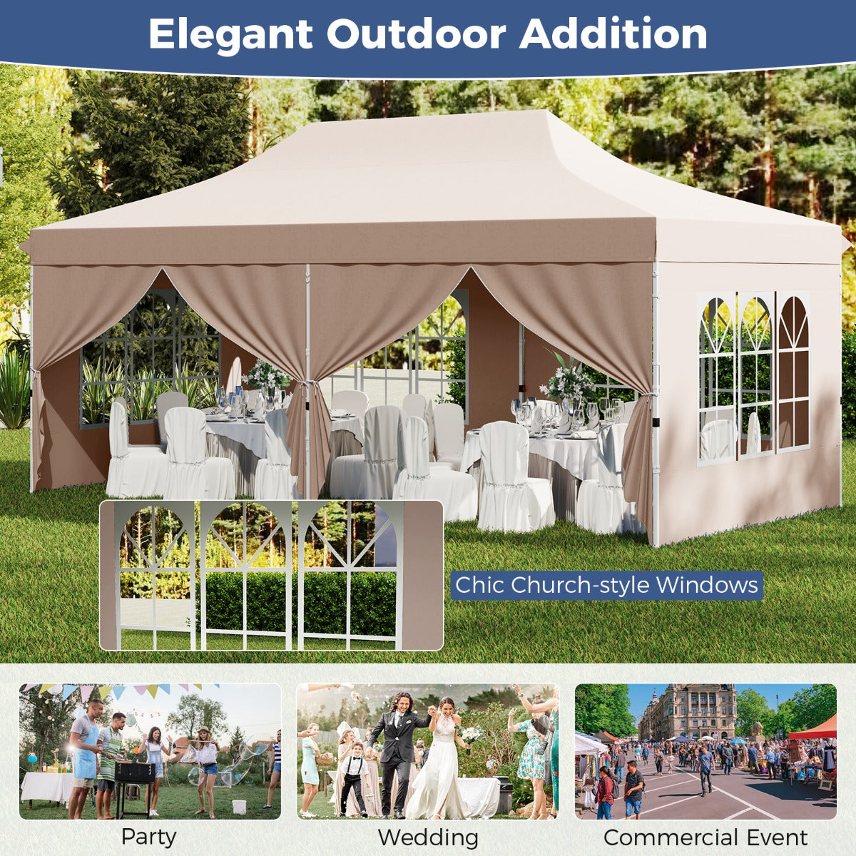 LIVSK Partytent met Afneembare Zijwanden - Pop-up Ontwerp - UV Bescherming - Tot 20 Personen - 600 x 300 x 296–316 cm - Beige