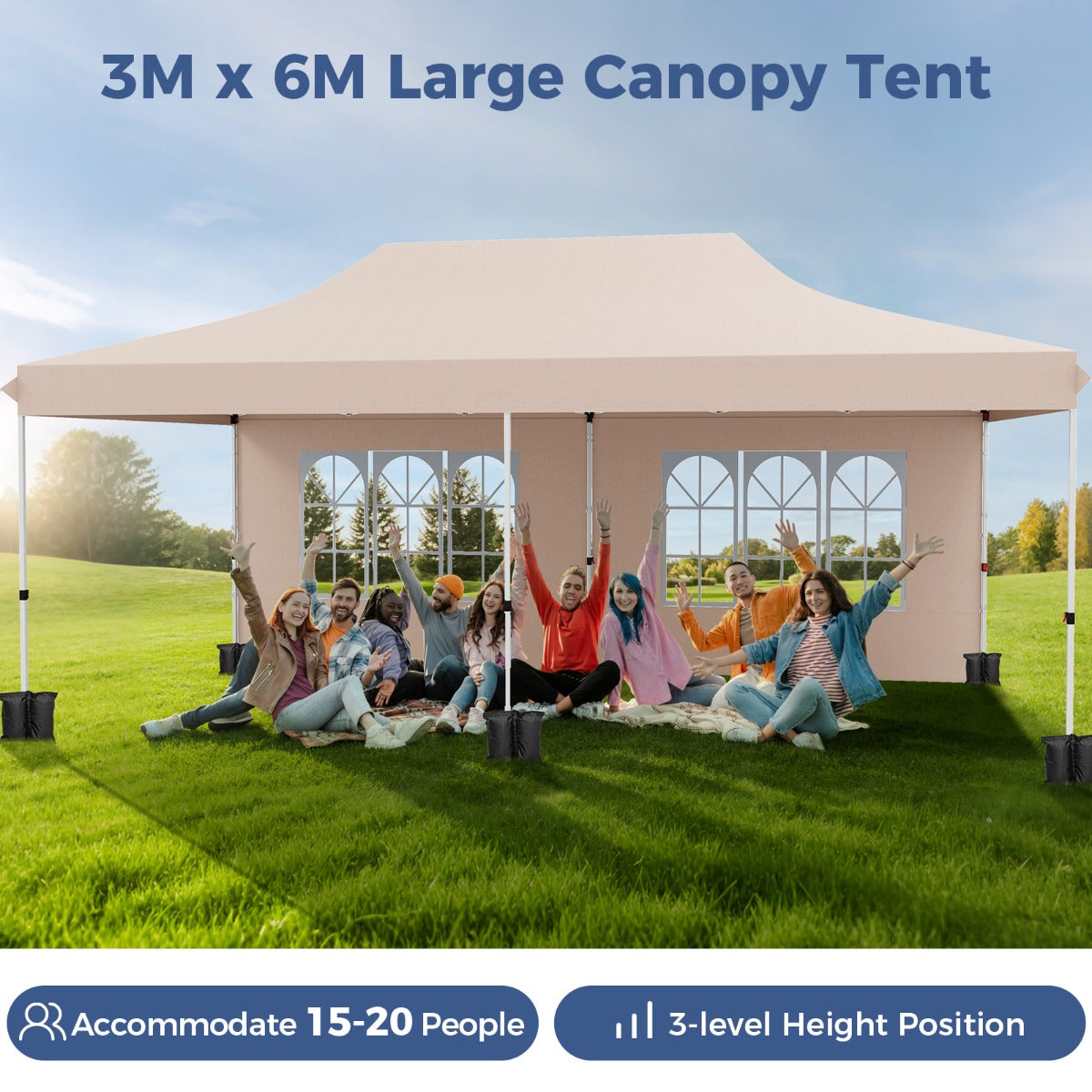 LIVSK Partytent met Afneembare Zijwanden - Pop-up Ontwerp - UV Bescherming - Tot 20 Personen - 600 x 300 x 296–316 cm - Beige