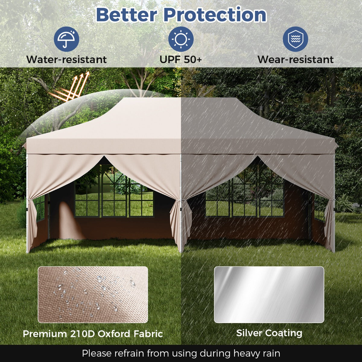 LIVSK Partytent met Afneembare Zijwanden - Pop-up Ontwerp - UV Bescherming - Tot 20 Personen - 600 x 300 x 296–316 cm - Beige
