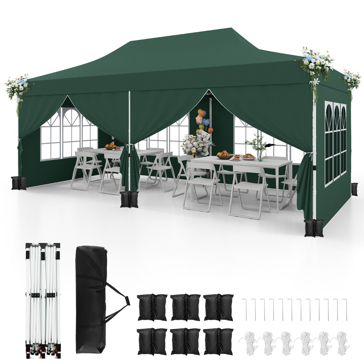 LIVSK Partytent 300 x 600 x 296–316 cm - 6 Afneembare Zijwanden - Pop-up Ontwerp - UV-bescherming - Voor 15-20 Personen - Groen