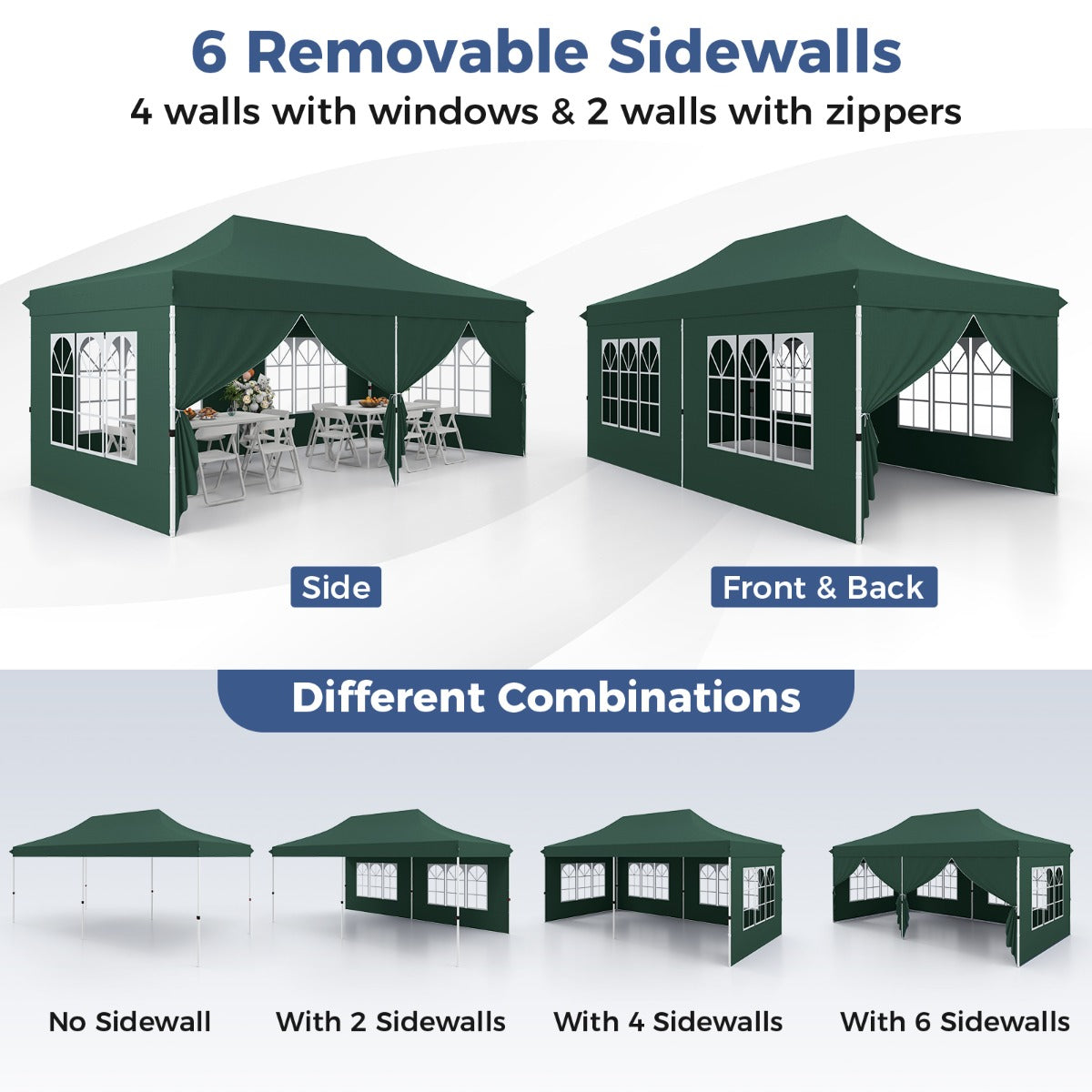 LIVSK Partytent 300 x 600 x 296–316 cm - 6 Afneembare Zijwanden - Pop-up Ontwerp - UV-bescherming - Voor 15-20 Personen - Groen
