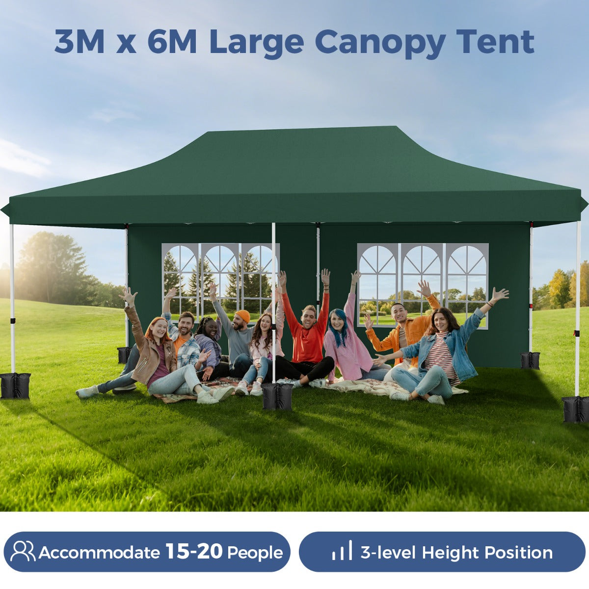 LIVSK Partytent 300 x 600 x 296–316 cm - 6 Afneembare Zijwanden - Pop-up Ontwerp - UV-bescherming - Voor 15-20 Personen - Groen