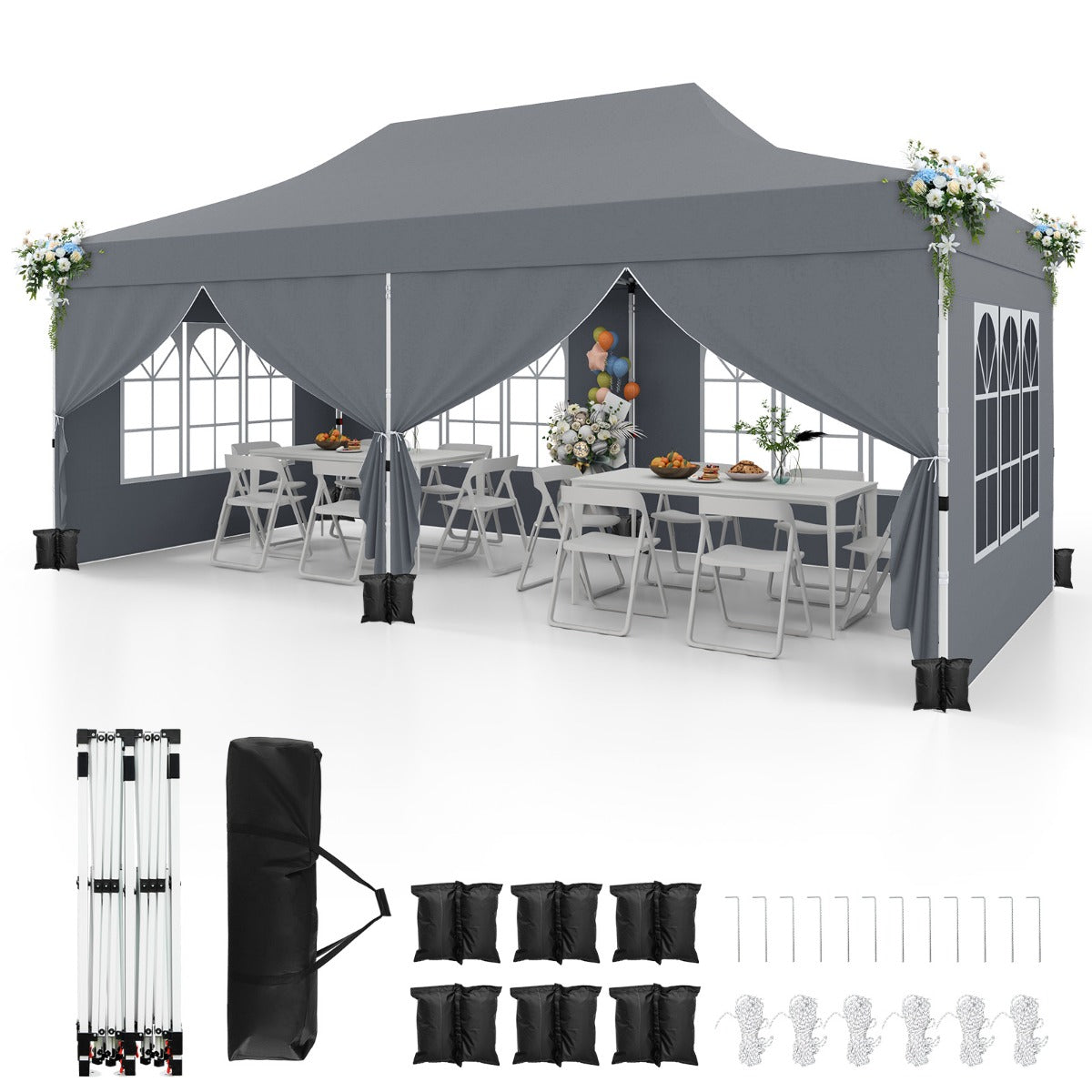 LIVSK Partytent 300 x 600 cm - Pop-up met 6 Afneembare Zijwanden - UV-Bescherming 50+ - Stevig Frame - Voor 15-20 Personen - Grijs