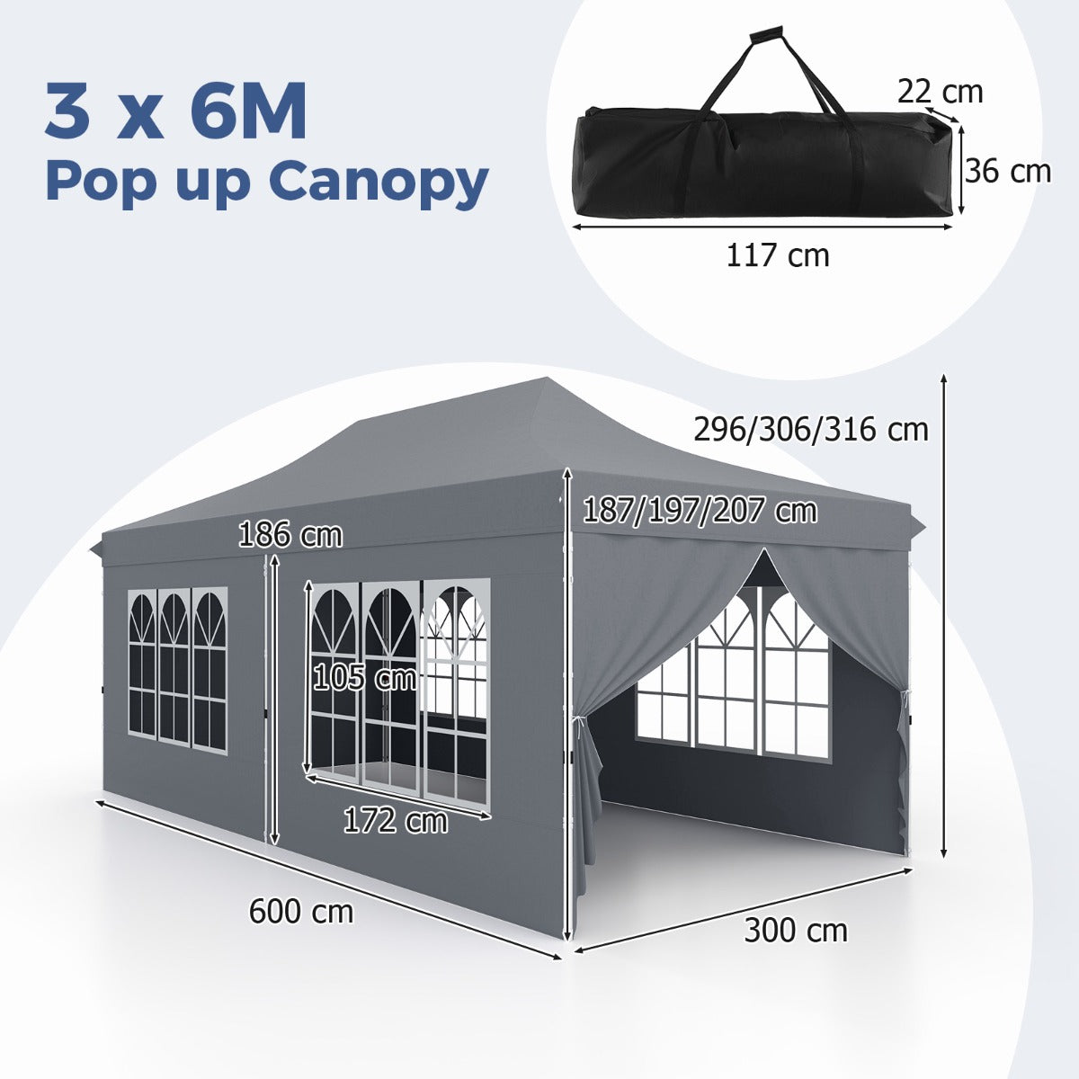 LIVSK Partytent 300 x 600 cm - Pop-up met 6 Afneembare Zijwanden - UV-Bescherming 50+ - Stevig Frame - Voor 15-20 Personen - Grijs