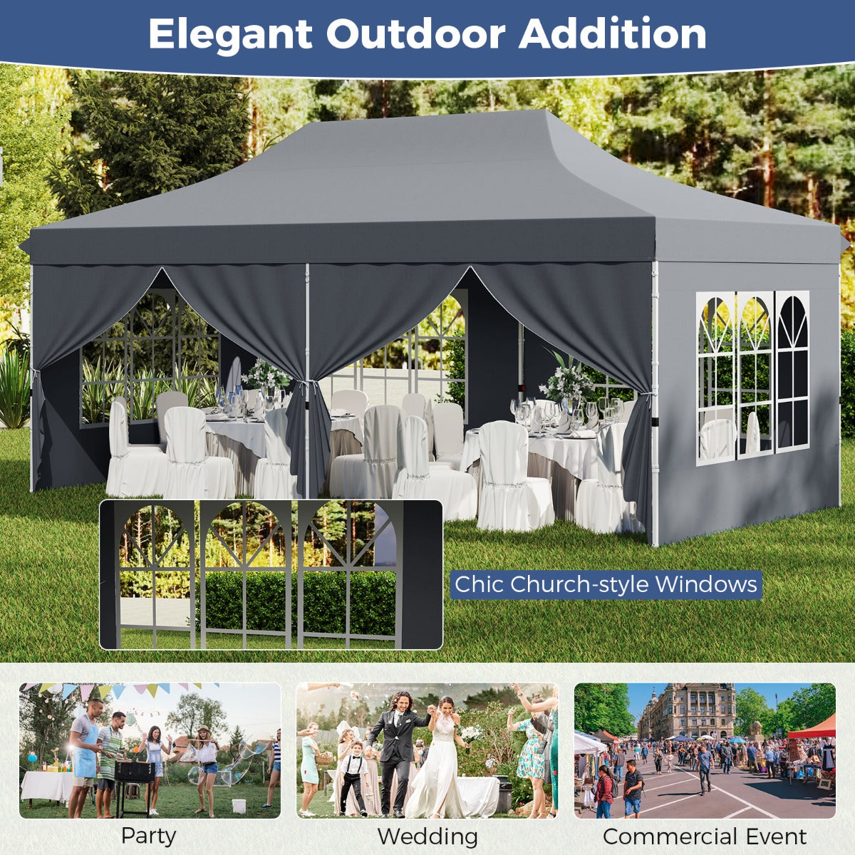 LIVSK Partytent 300 x 600 cm - Pop-up met 6 Afneembare Zijwanden - UV-Bescherming 50+ - Stevig Frame - Voor 15-20 Personen - Grijs