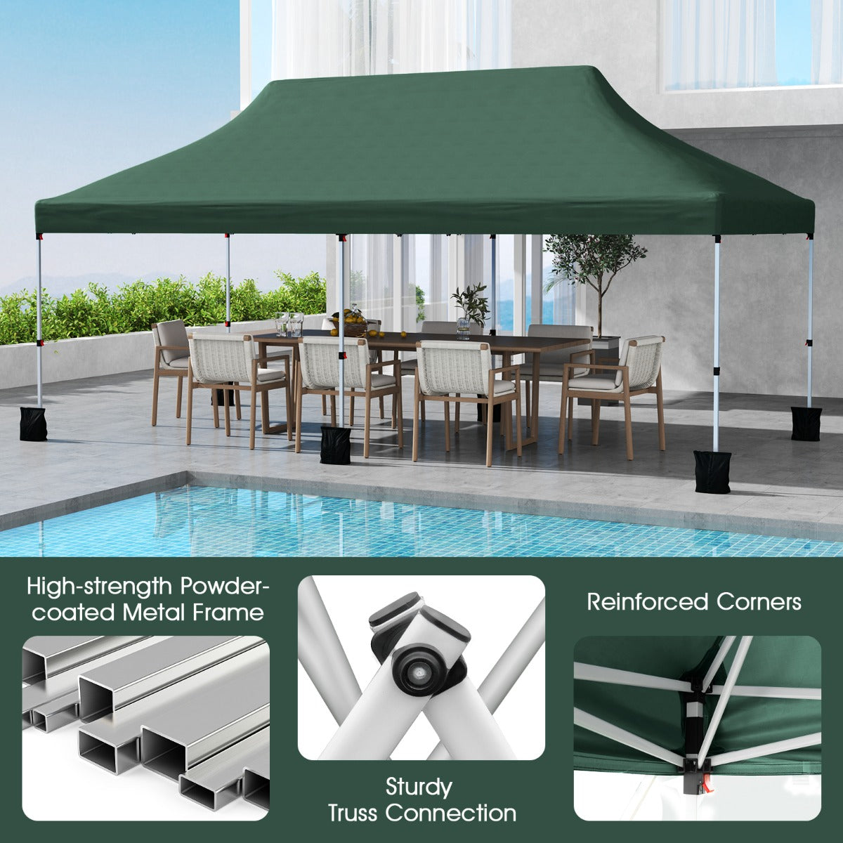 LIVSK Vouwpaviljoen - Robuust Metalen Frame - Zonbescherming 50+ - Eenvoudig Opzetbaar - Voor 15-20 Personen - Groen
