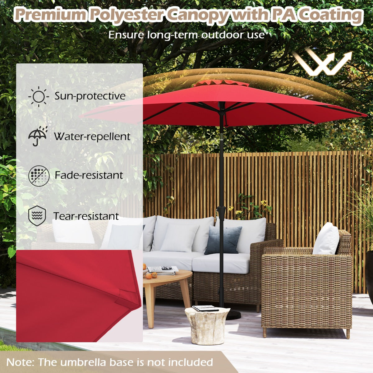 LIVSK Terrasparasol - Kantelbaar met Zwengel - Polyester met PA-coating - Waterafstotend - 303 x 253 cm - Rood