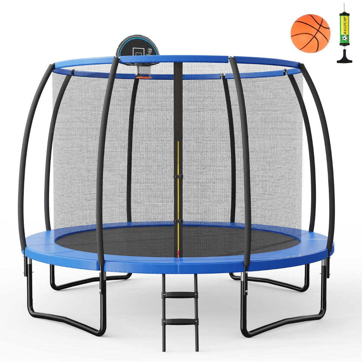 LIVSK Buitentrampoline met Veiligheidsnet en Basketbalring - Hoogwaardige Veren - Duurzaam Stalen Frame - Tot 150 kg - Blauw +