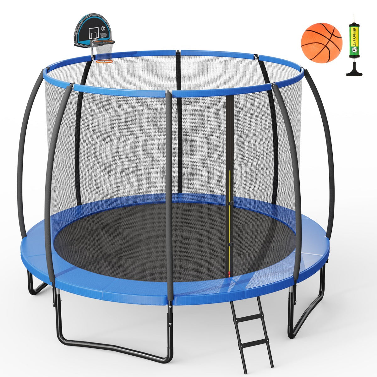 LIVSK Buitentrampoline met Veiligheidsnet en Basketbalring - Hoogwaardige Veren - Duurzaam Stalen Frame - Tot 150 kg - Blauw +