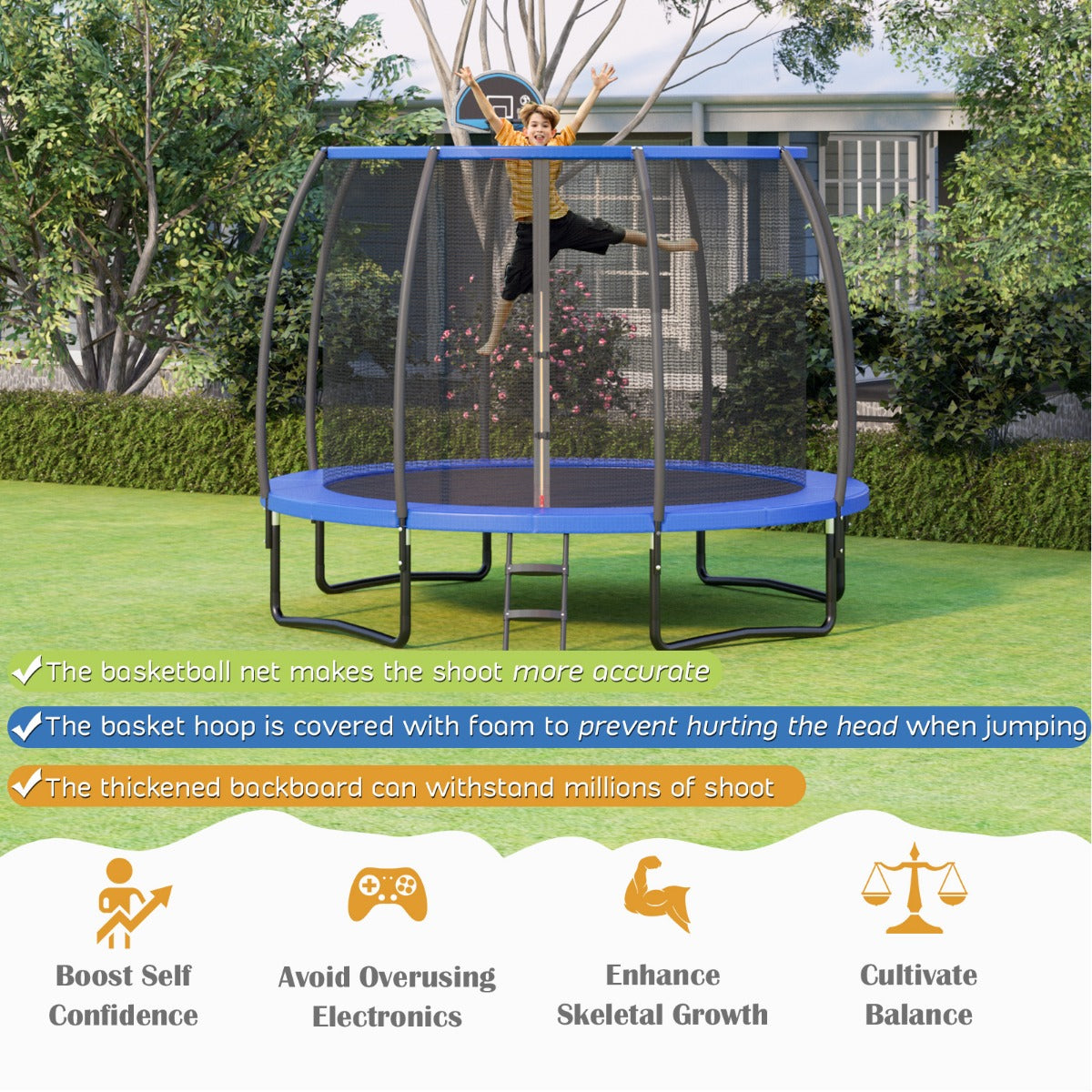 LIVSK Buitentrampoline met Veiligheidsnet en Basketbalring - Hoogwaardige Veren - Duurzaam Stalen Frame - Tot 150 kg - Blauw +