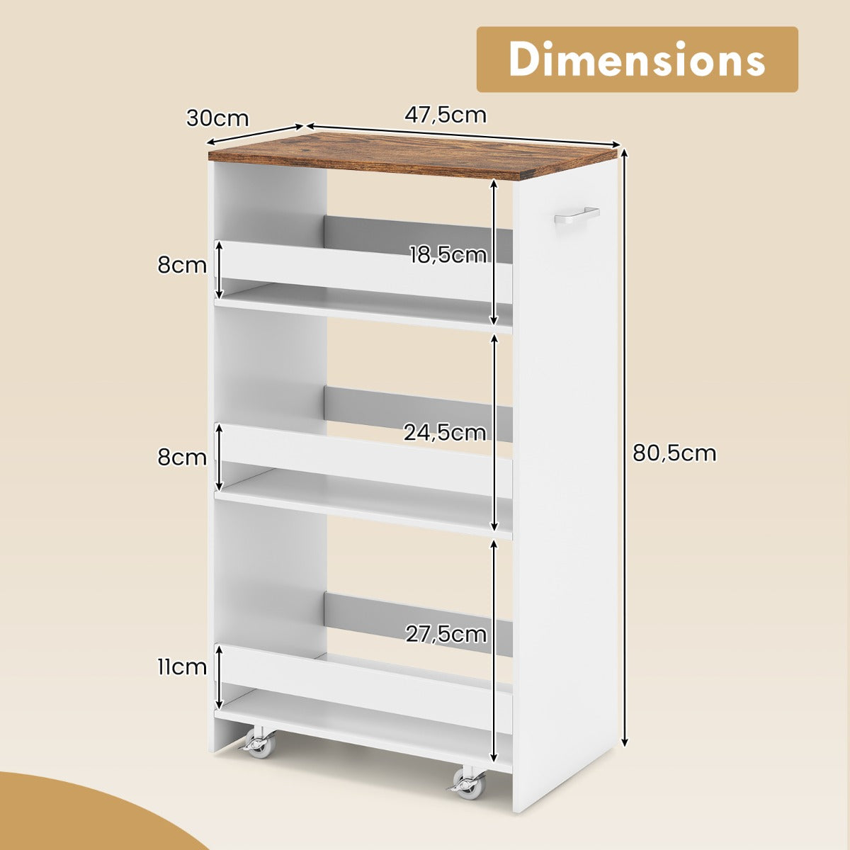 Livsk costway 30cm smalle mobiele serveerwagen met open planken keukenwagen op wielen wit