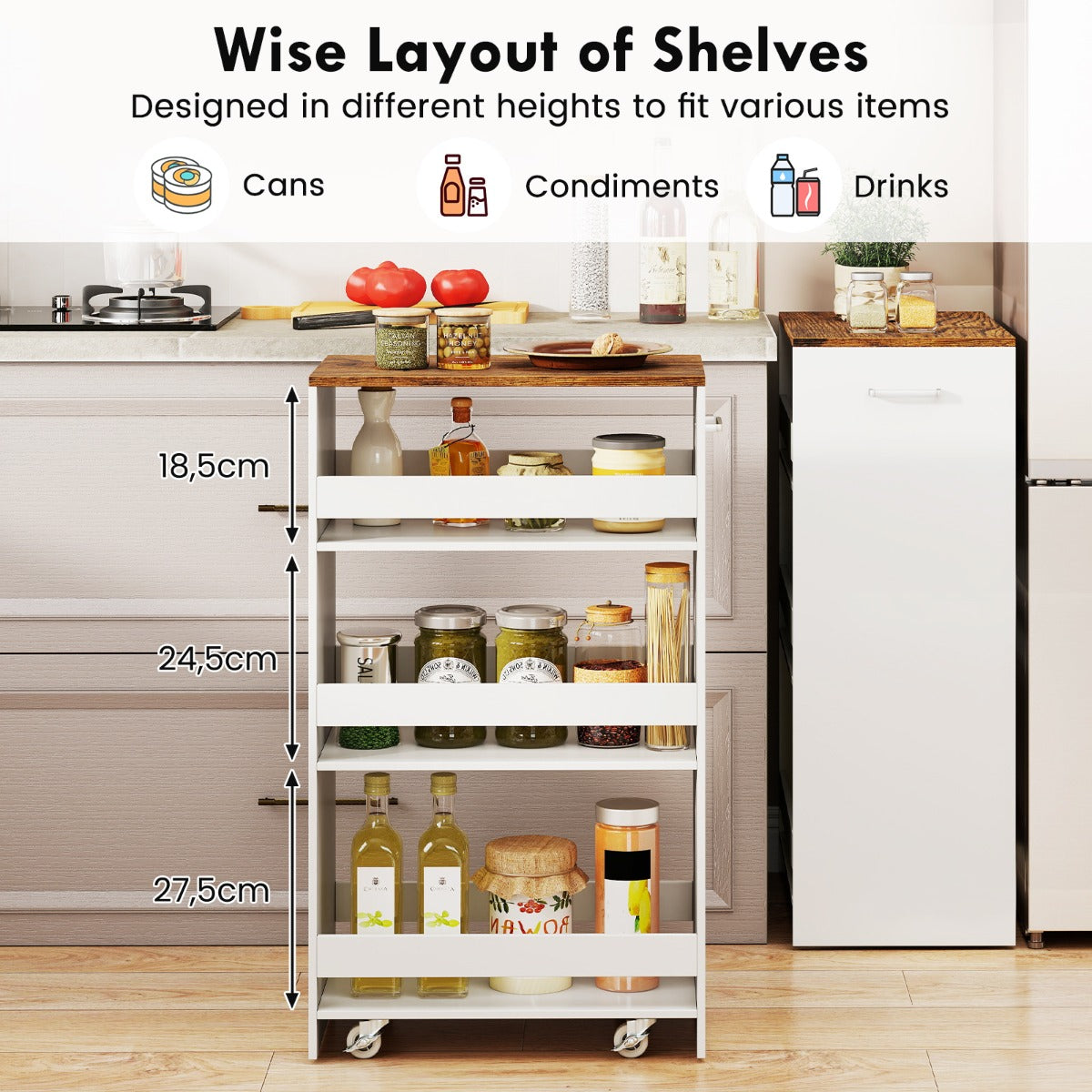 Livsk costway 30cm smalle mobiele serveerwagen met open planken keukenwagen op wielen wit