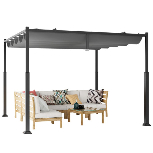 LIVSK Buitenpergola 310 x 310 x 225 cm - Uitschuifbare Luifel - Weerbestendig Polyester - Stevige Constructie - Grijs+Zwart