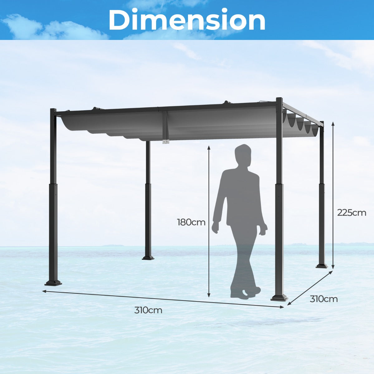 LIVSK Buitenpergola 310 x 310 x 225 cm - Uitschuifbare Luifel - Weerbestendig Polyester - Stevige Constructie - Grijs+Zwart