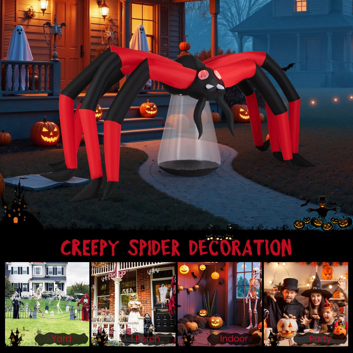 LIVSK Opblaasbare Halloween Spin - Gigantisch 313 cm - LED Verlichting - Inclusief Grondpennen en Touwen - Zwart + Rood