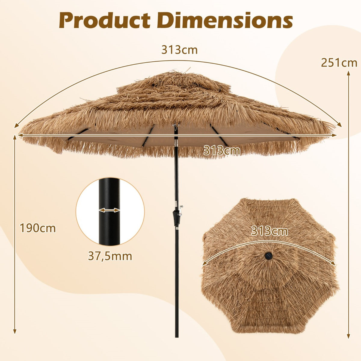 Livsk costway 313 cm terrasparasol met strooien dak strandparasol in hawaiiaanse stijl met centrale naafverlichting parasol voor tuin 1
