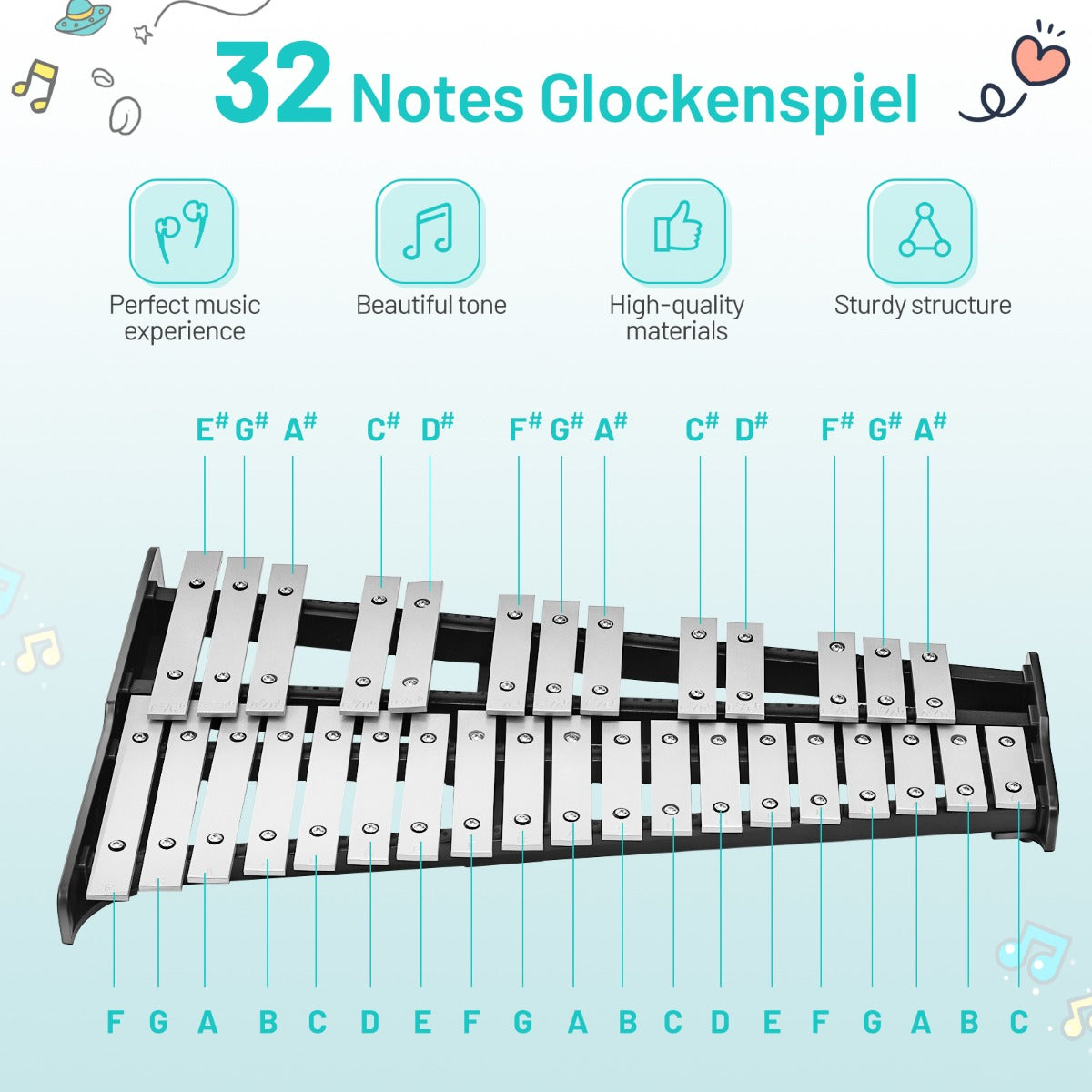 Livsk costway 32 noten xylofoon opvouwbaar slaginstrument met verstelbare standaard muziekstandaard 20 cm oefenschijf belhamers houten mallets 4