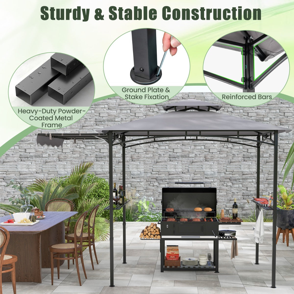 LIVSK Barbecuepaviljoen met Zijluifel - Dubbel Dakontwerp - Waterbestendig - Extra Opbergruimte - 326 x 153 x 250 cm - Grijs+Zwart