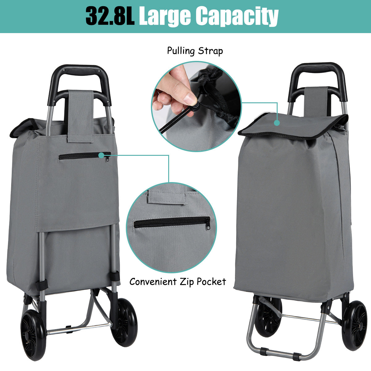Livsk costway 328l boodschappentrolley boodschappenwagentje lichtgewicht duwkar met grote capaciteit inklapbare trolleyzak op wielen 6