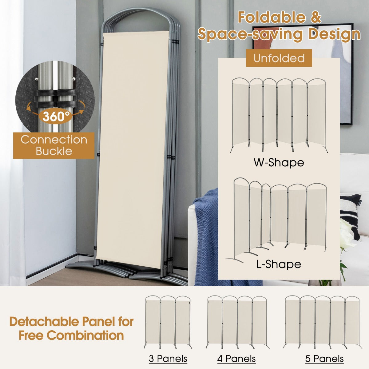 LIVSK Ruimteverdeler - Opvouwbaar met 6 Panelen - Flexibel Ontwerp - Duurzaam Metaal en Polyester - 331 x 188 cm - Beige