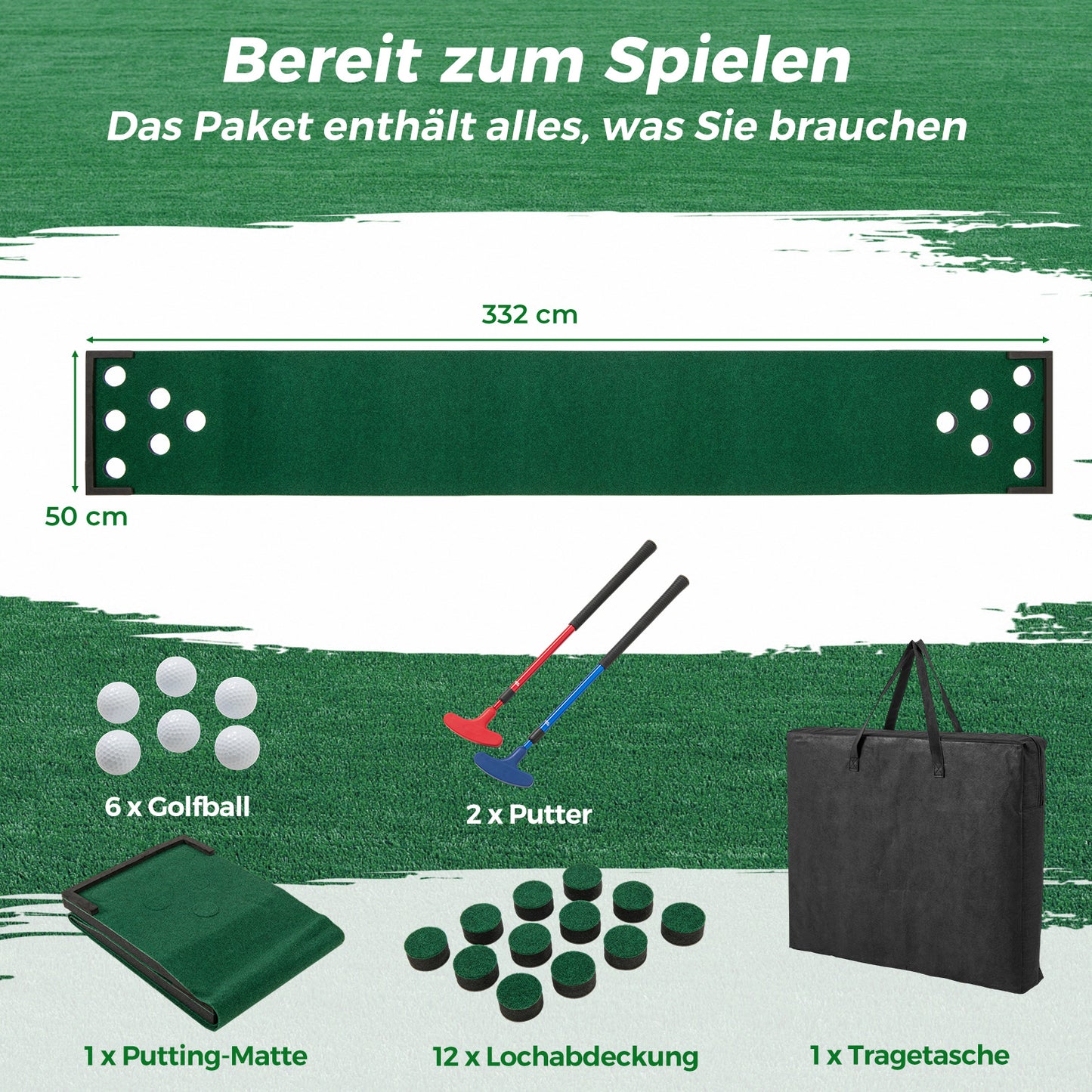 LIVSK Verstelbare Puttingmat Set - Inclusief 2 Putters en 6 Golfballen - Draagbaar en Duurzaam - Groen