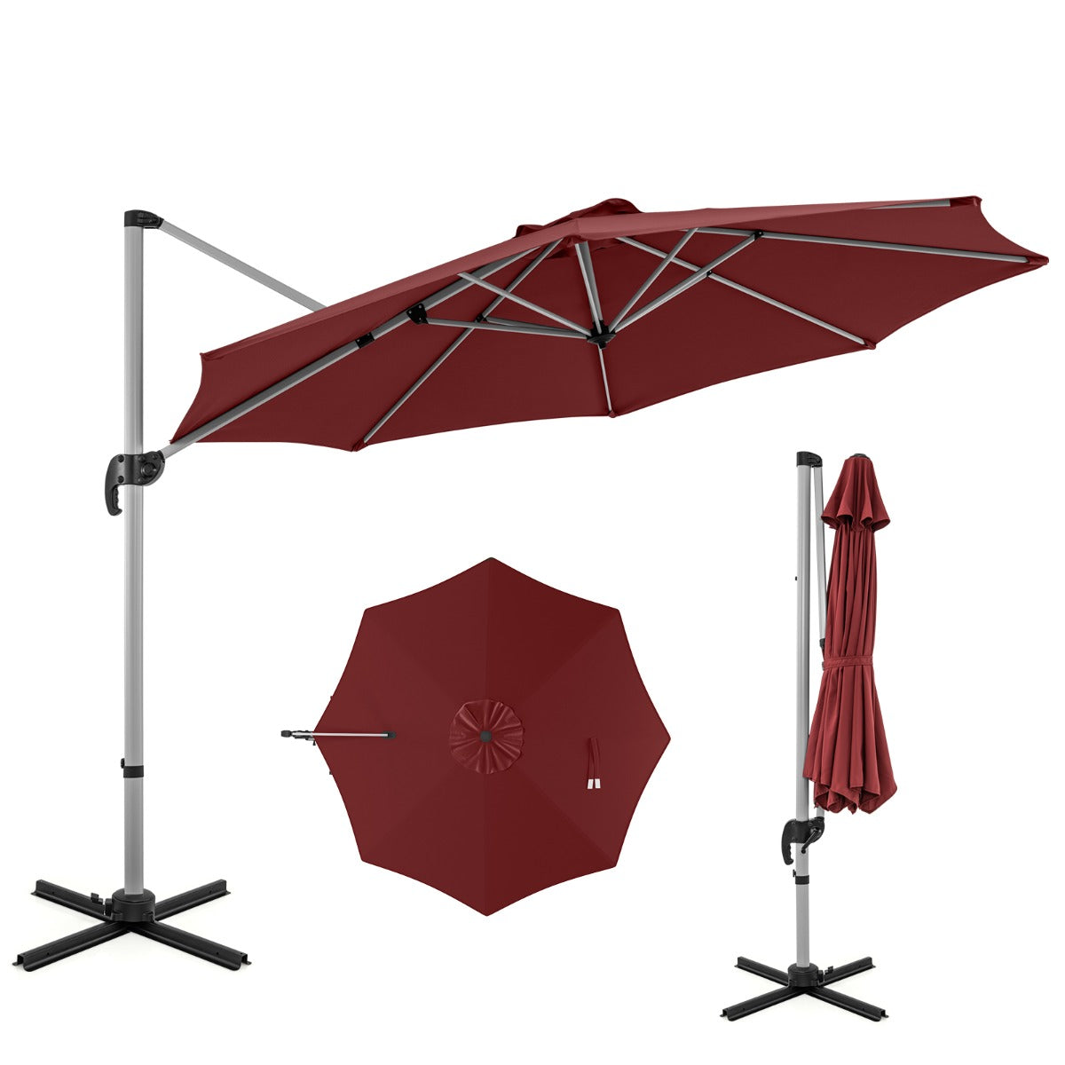 LIVSK Buitenparasol - 360° Draaiing - 5 Verstelbare Kantelhoeken - Hoogwaardige Polyester - 339 cm - Rood