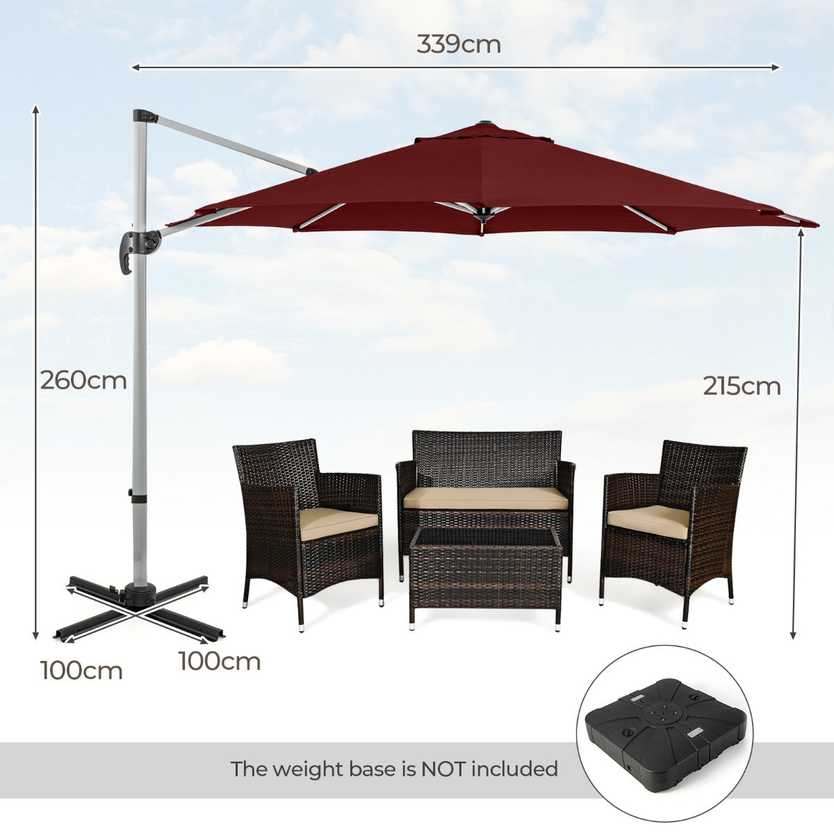 LIVSK Buitenparasol - 360° Draaiing - 5 Verstelbare Kantelhoeken - Hoogwaardige Polyester - 339 cm - Rood