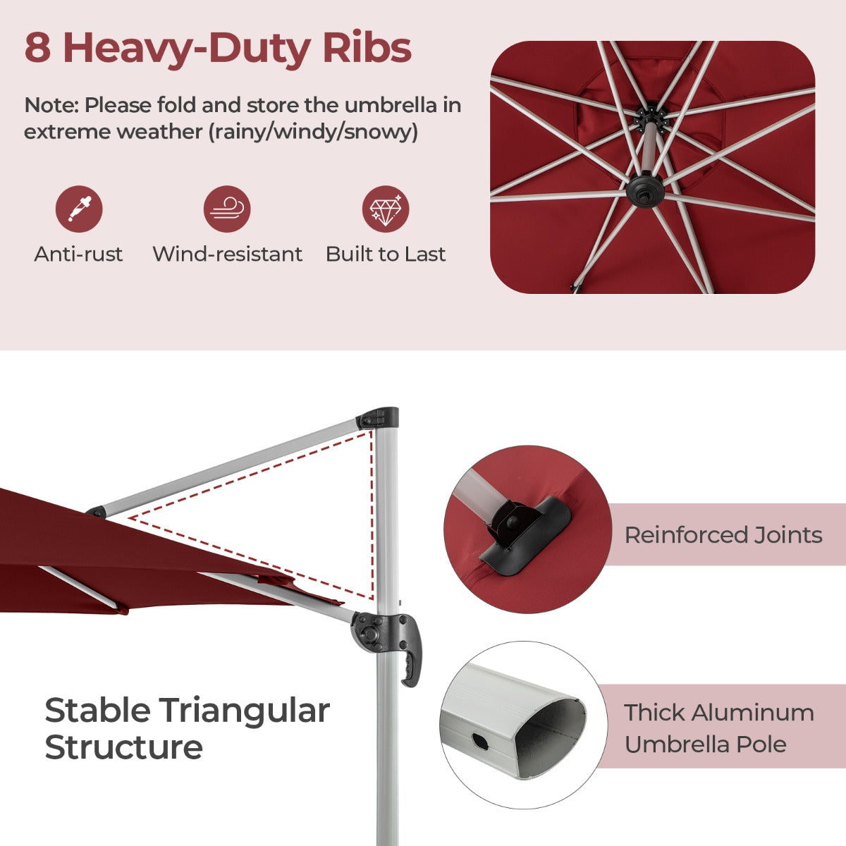 LIVSK Buitenparasol - 360° Draaiing - 5 Verstelbare Kantelhoeken - Hoogwaardige Polyester - 339 cm - Rood