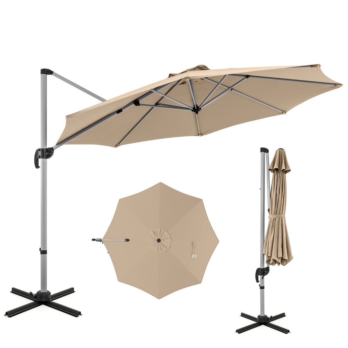 LIVSK Vrijdragende Terrasparasol - 360° Rotatie - 5 Verstelbare Kantelhoeken - Aluminium - 339 x 260 cm - Beige
