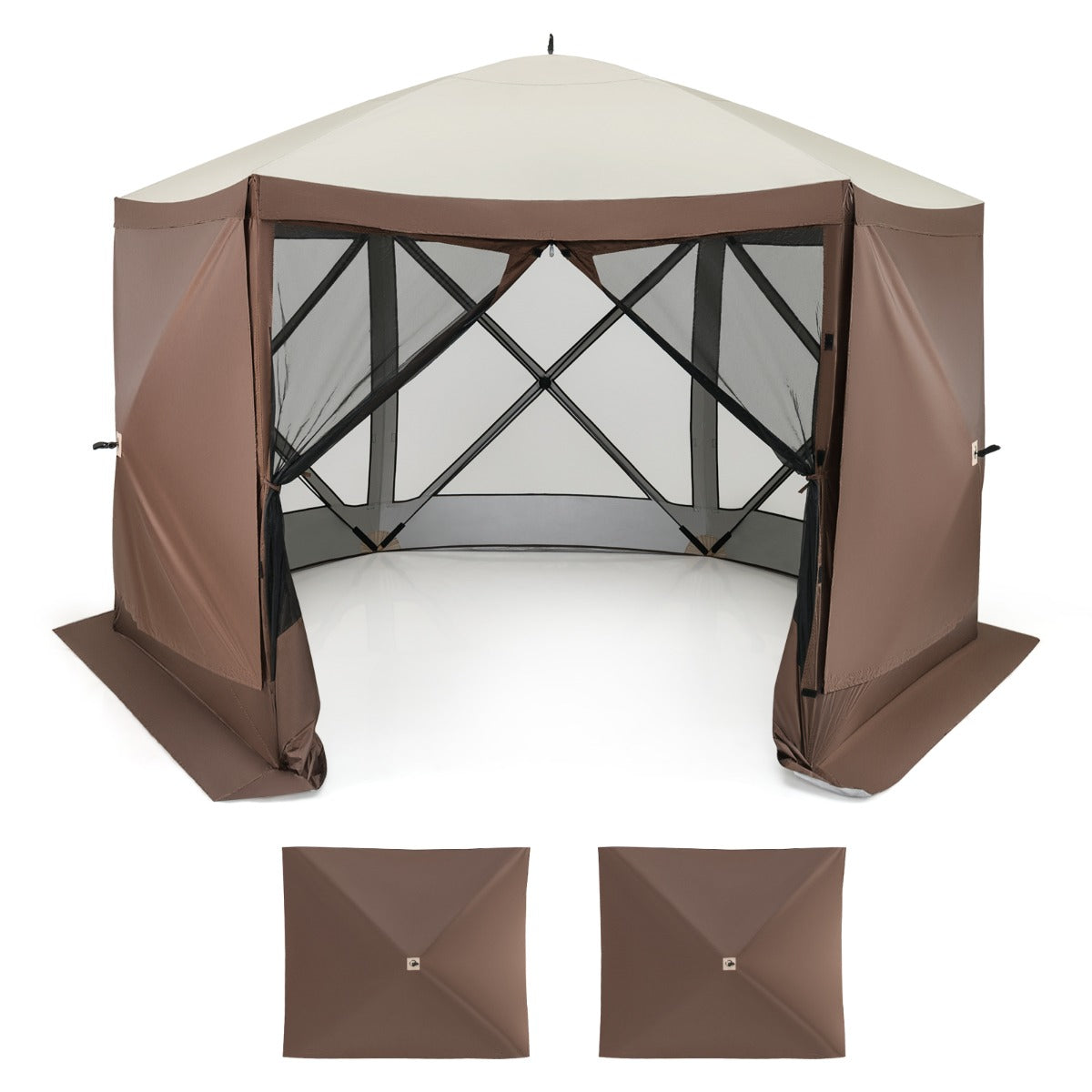 LIVSK Gazebo met Gaaswanden en Afneembare Zijpanelen - Voor 8 tot 10 Personen - Eenvoudige Montage - Koffie