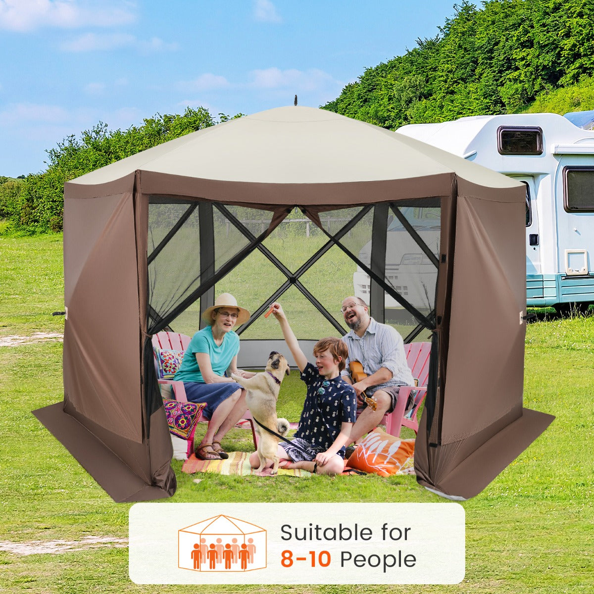 LIVSK Gazebo met Gaaswanden en Afneembare Zijpanelen - Voor 8 tot 10 Personen - Eenvoudige Montage - Koffie