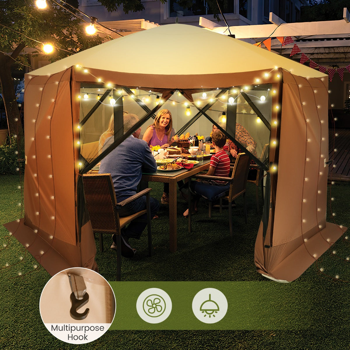 LIVSK Gazebo met Gaaswanden en Afneembare Zijpanelen - Voor 8 tot 10 Personen - Eenvoudige Montage - Koffie
