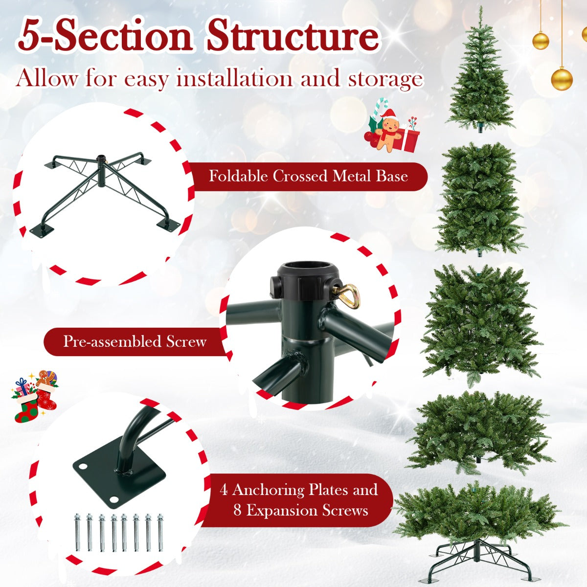 Livsk costway 360 cm hoge kunstkerstboom met verlichting snelle aansluiting kerstversiering voor binnen en buiten groen 5