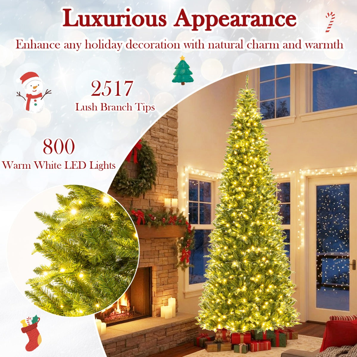 Livsk costway 360 cm hoge kunstkerstboom met verlichting snelle aansluiting kerstversiering voor binnen en buiten groen 6
