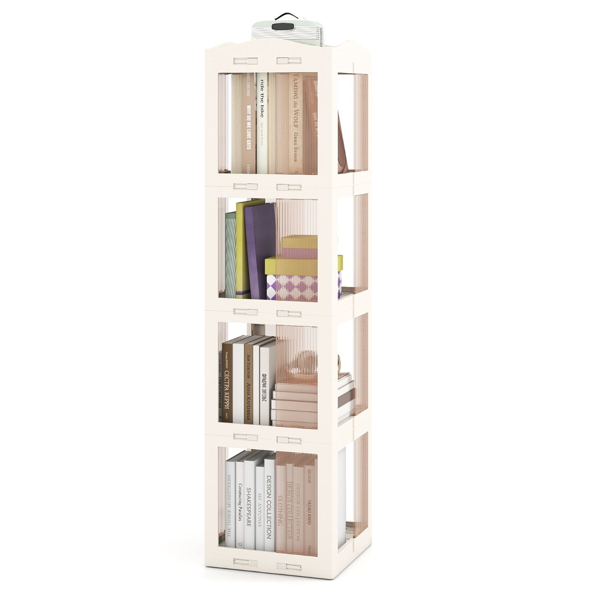 Livsk costway 360 draaibare boekenkast 4 laags verticale rekken met transparante panelen en draaibare voet wit 1
