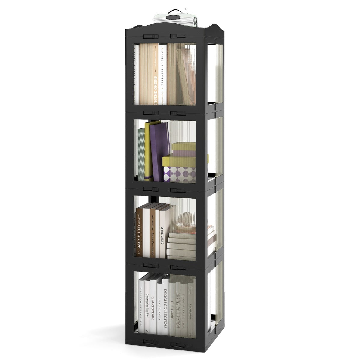 Livsk costway 360 draaibare boekenkast 4 laags verticale rekken met transparante panelen en draaibare voet zwart