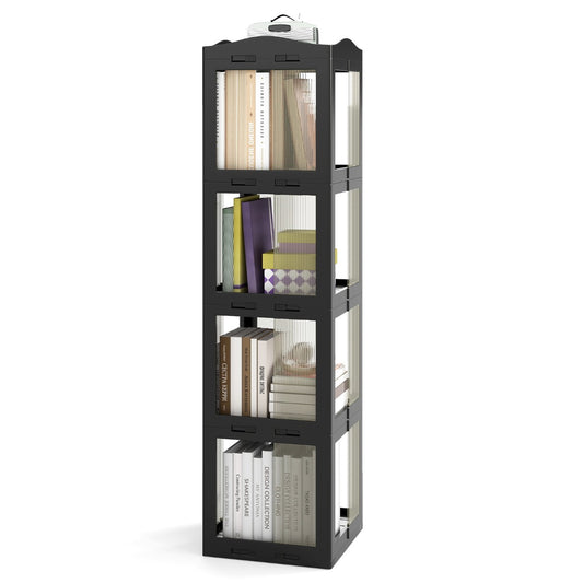 Livsk costway 360 draaibare boekenkast 4 laags verticale rekken met transparante panelen en draaibare voet zwart