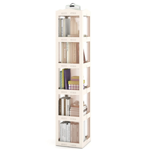 Livsk costway 360 draaibare boekenkast 5 laags verticale rekken met transparante panelen en draaibare voet wit