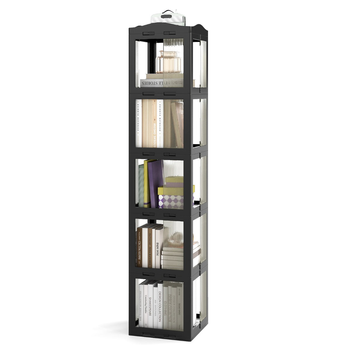 Livsk costway 360 draaibare boekenkast 5 laags verticale rekken met transparante panelen en draaibare voet zwart